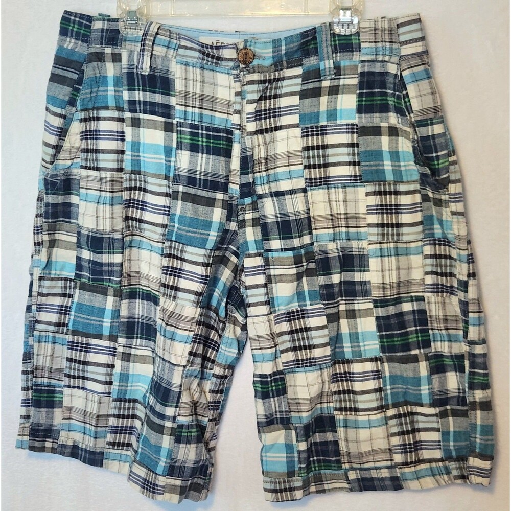 Aeropostale Y2K Men's 32 (meas 34) 12" Blue Patchwork Indian Madras Plaid Shorts
